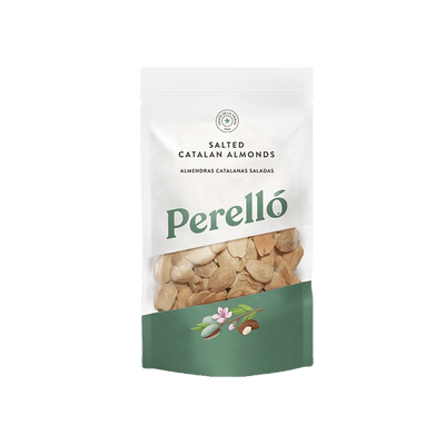Perelló Salted Catalan Almonds, 150g white pouch with a green base and a window showing the almonds