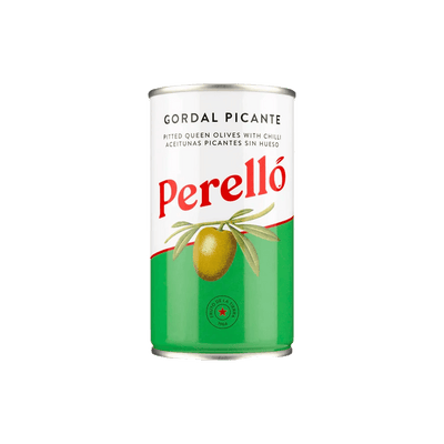 Perelló Gordal Picante pitted olives in a 150g green and white tin