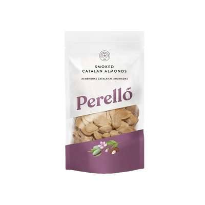 Perelló Smoked Catalan Almonds, 150g white pouch with a purple base and a window showing the almonds