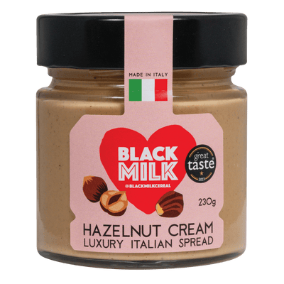 Jar of BLACK MILK Hazelnut Cream 230g on white background